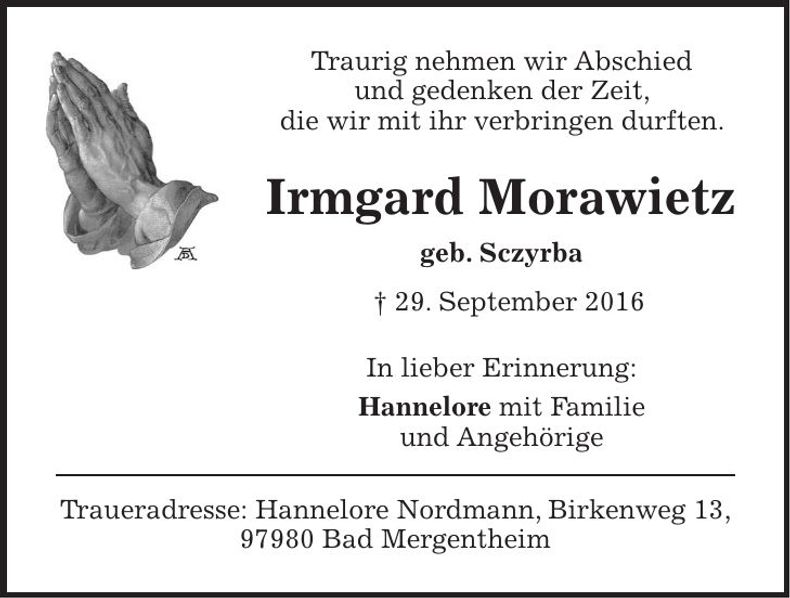 Traueranzeige Irmgard Morawietz