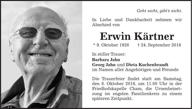 Traueranzeige Erwin Kärtner