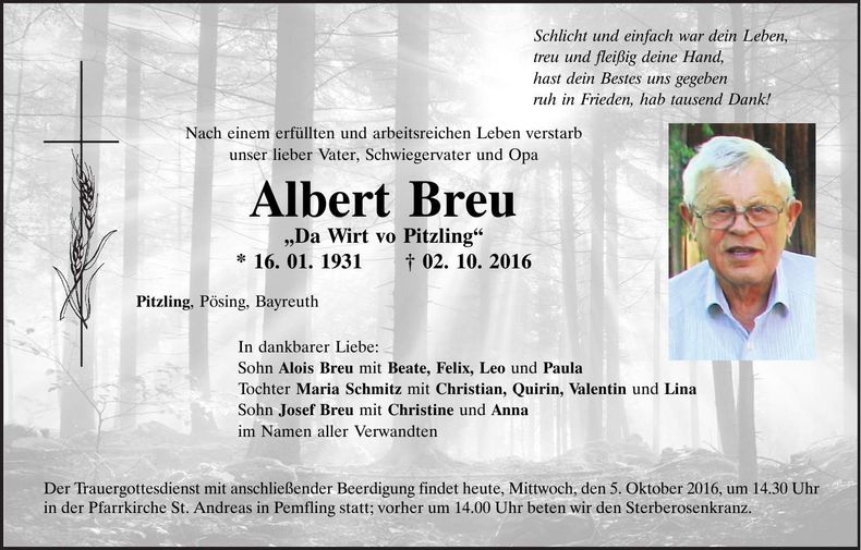 Traueranzeige Albert Breu
