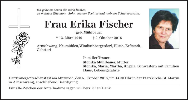 Traueranzeige Erika Fischer