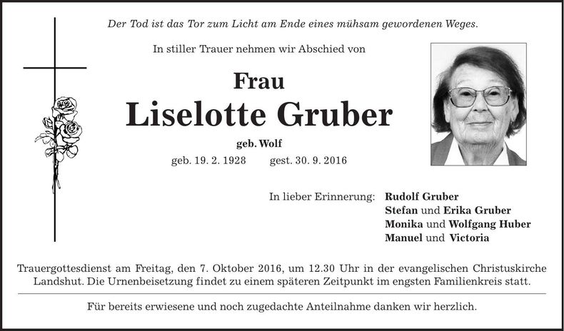 Traueranzeige Liselotte Gruber