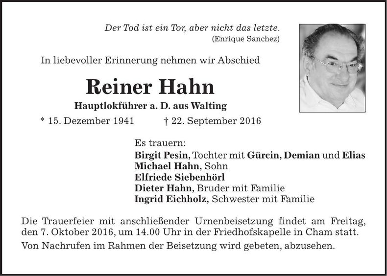 Traueranzeige Reiner Hahn