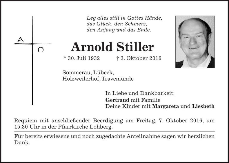 Traueranzeige Arnold Stiller