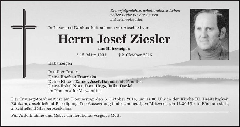 Traueranzeige Josef Ziesler