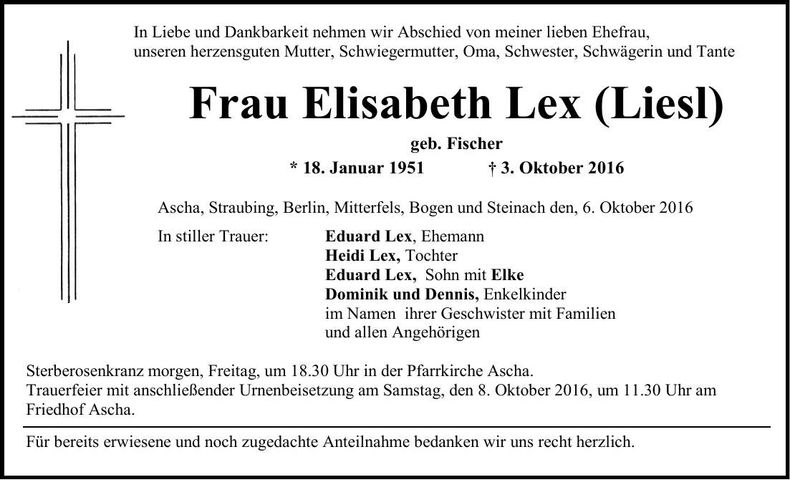 Traueranzeige Elisabeth (Liesl) Lex