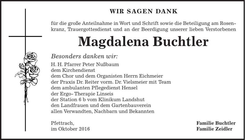 Traueranzeige Magdalena Buchtler