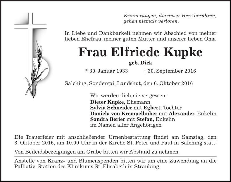 Traueranzeige Elfriede Kupke