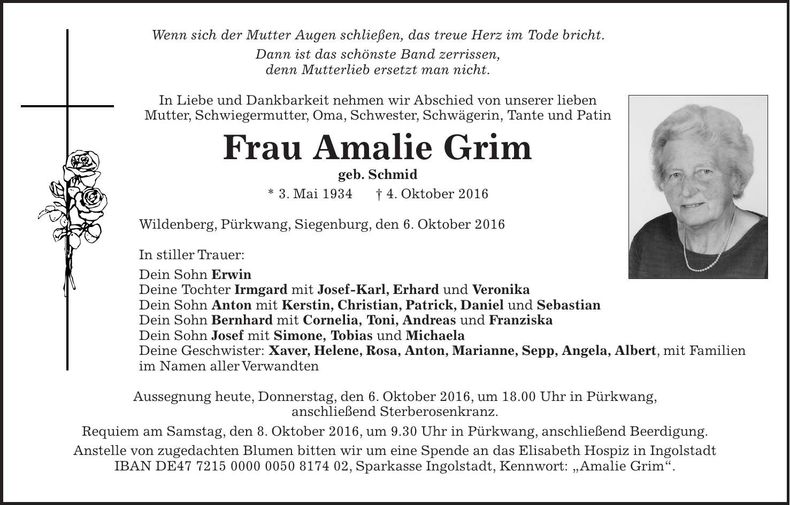Traueranzeige Amalie Grim