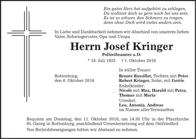 Traueranzeige Josef Kringer