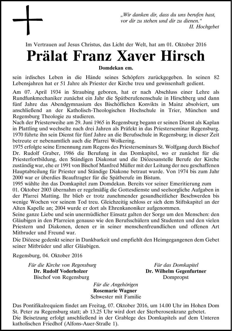 Traueranzeige Franz Xaver Hirsch, Prälat
