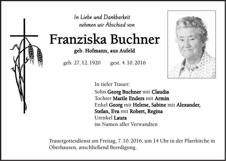 Traueranzeige Franziska Buchner