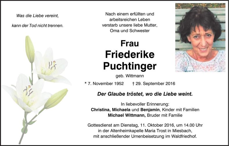 Traueranzeige Friederike Puchtinger