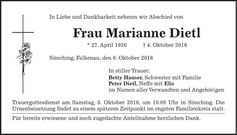 Traueranzeige Marianne Dietl