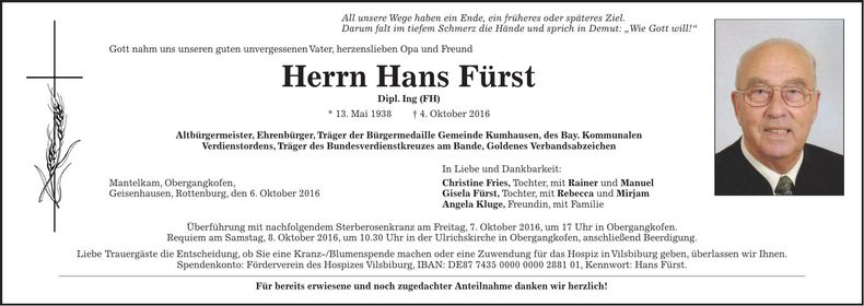 Traueranzeige Hans Fürst