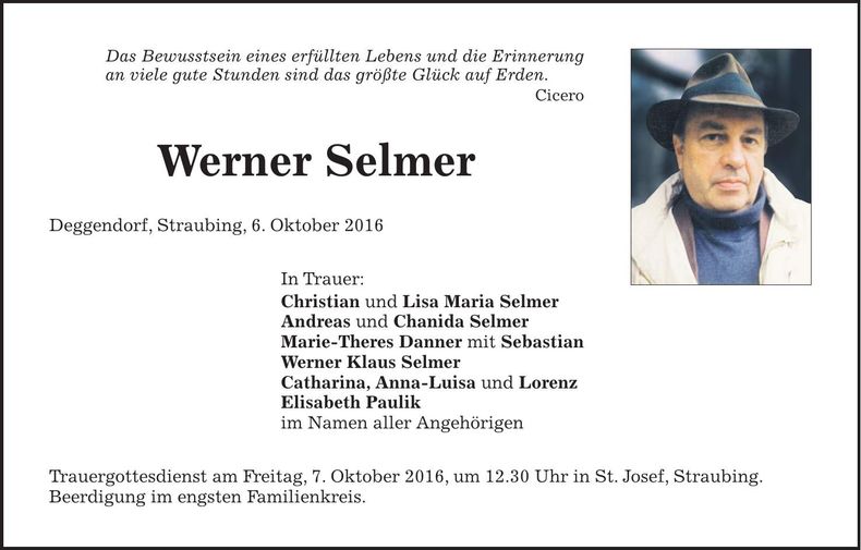 Traueranzeige Werner Selmer