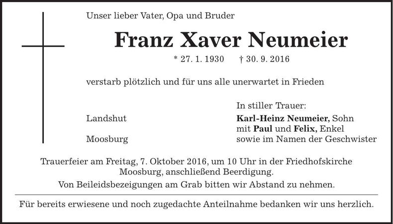Traueranzeige Franz Xaver Neumeier