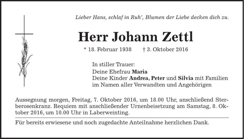 Traueranzeige Johann Zettl