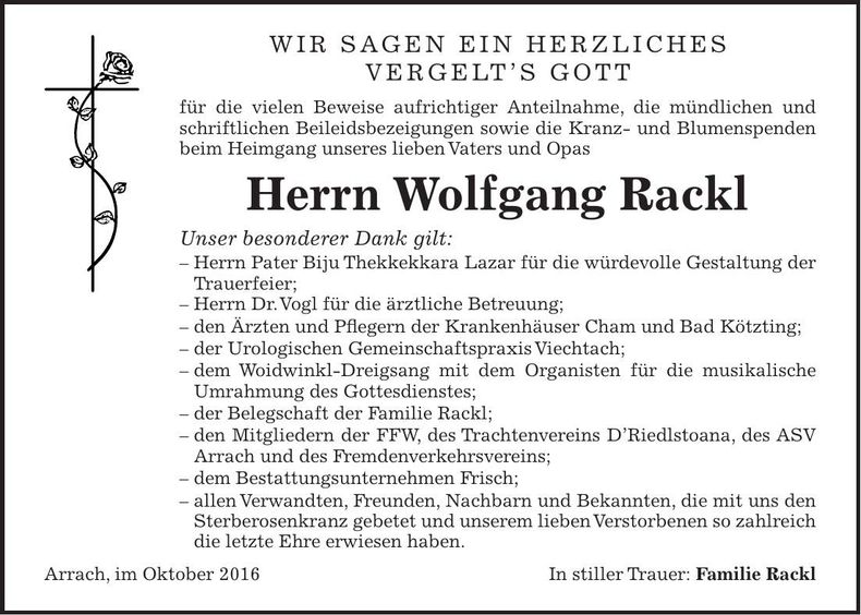 Traueranzeige Wolfgang Rackl