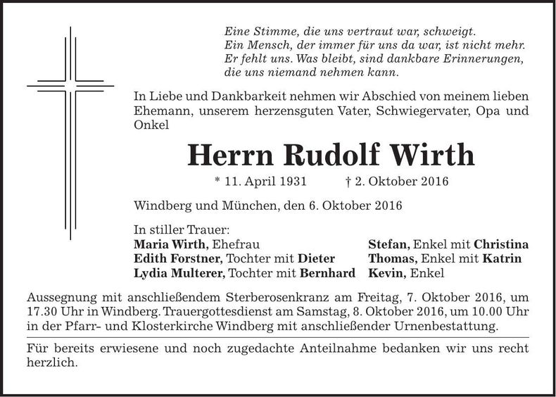 Traueranzeige Rudolf Wirth