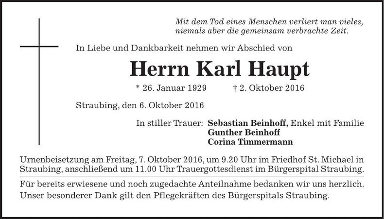 Traueranzeige Karl Haupt