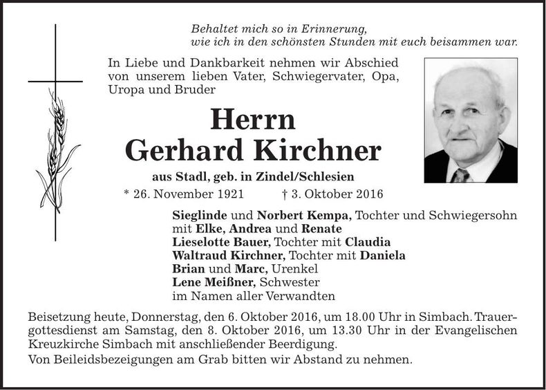 Traueranzeige Gerhard Kirchner