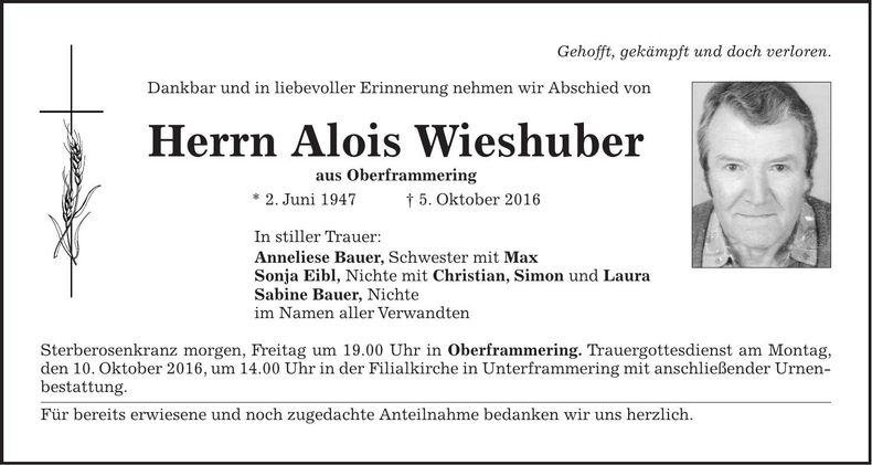 Traueranzeige Alois Wieshuber