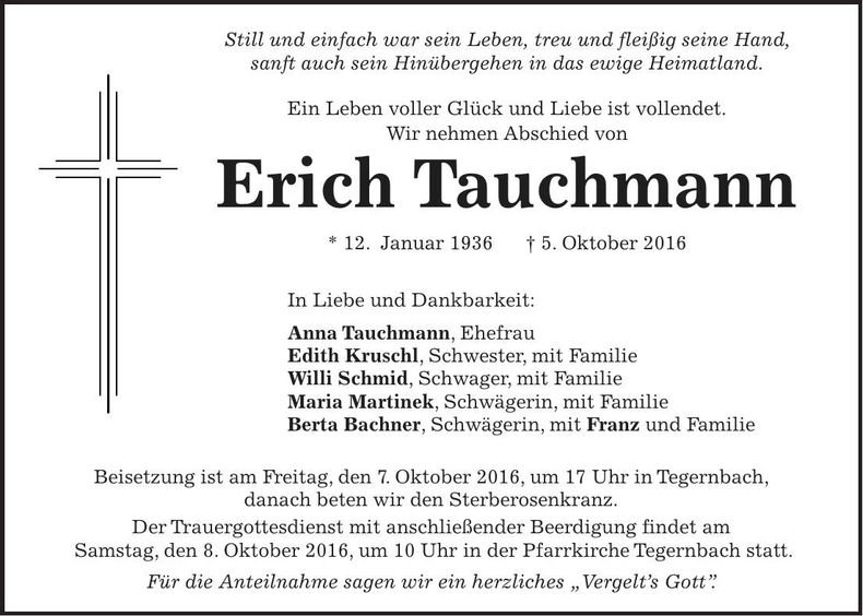 Traueranzeige Erich Tauchmann