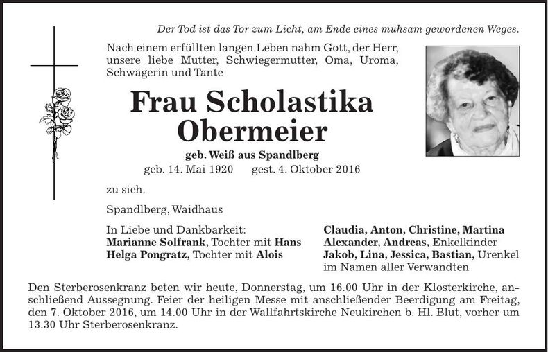 Traueranzeige Scholastika Obermeier