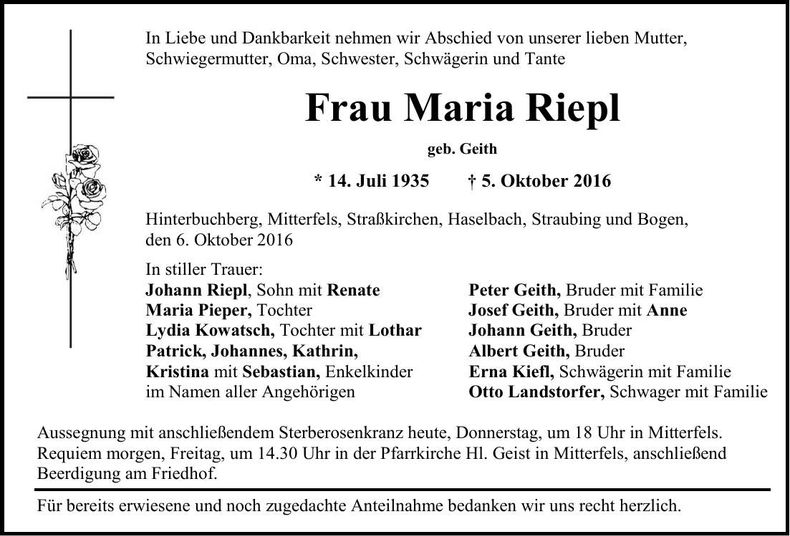 Traueranzeige Maria Riepl