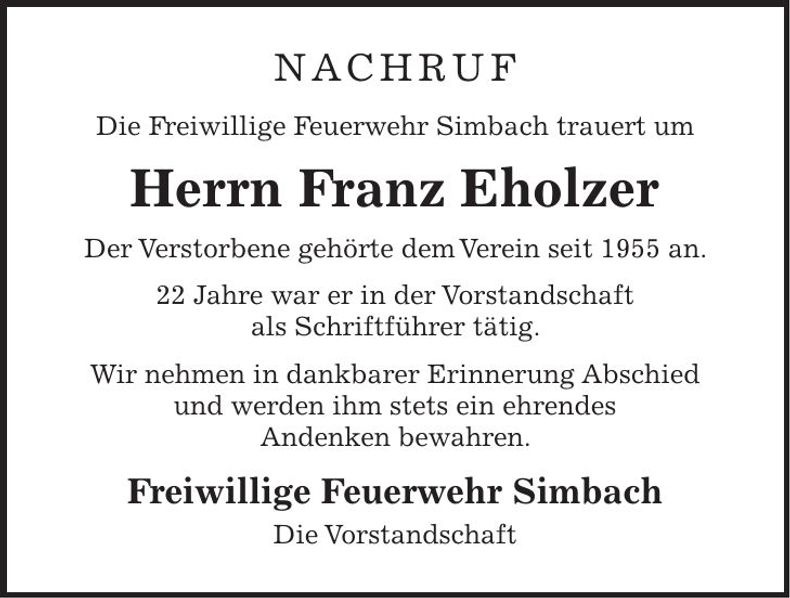 Traueranzeige Franz Eholzer