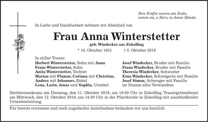 Traueranzeige Anna Winterstetter