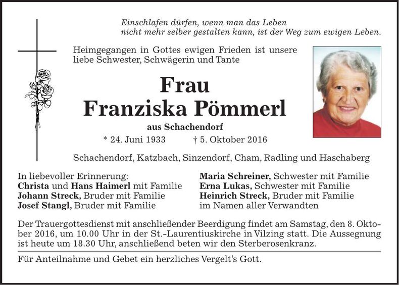 Traueranzeige Franziska Pömmerl