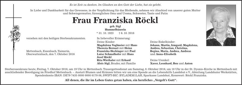 Traueranzeige Franziska Röckl