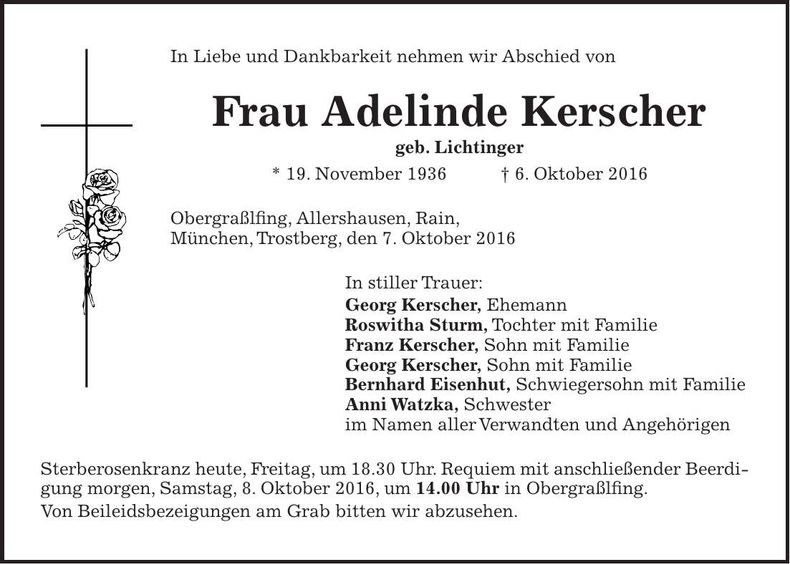 Traueranzeige Adelinde Kerscher