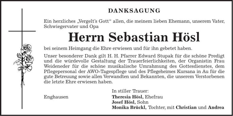Traueranzeige Sebastian Hösl