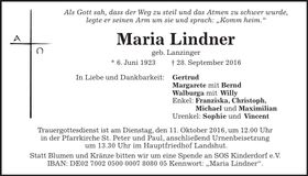 Traueranzeige Maria Lindner
