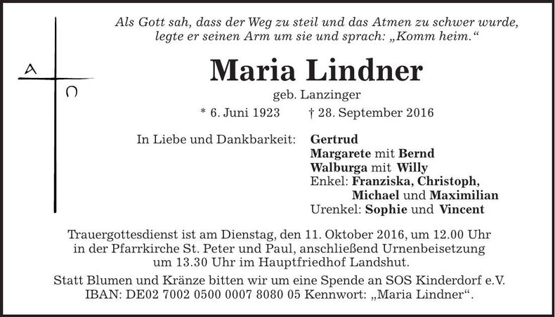 Traueranzeige Maria Lindner