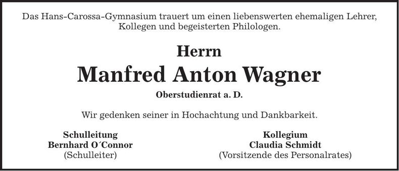 Traueranzeige Manfred Anton Wagner