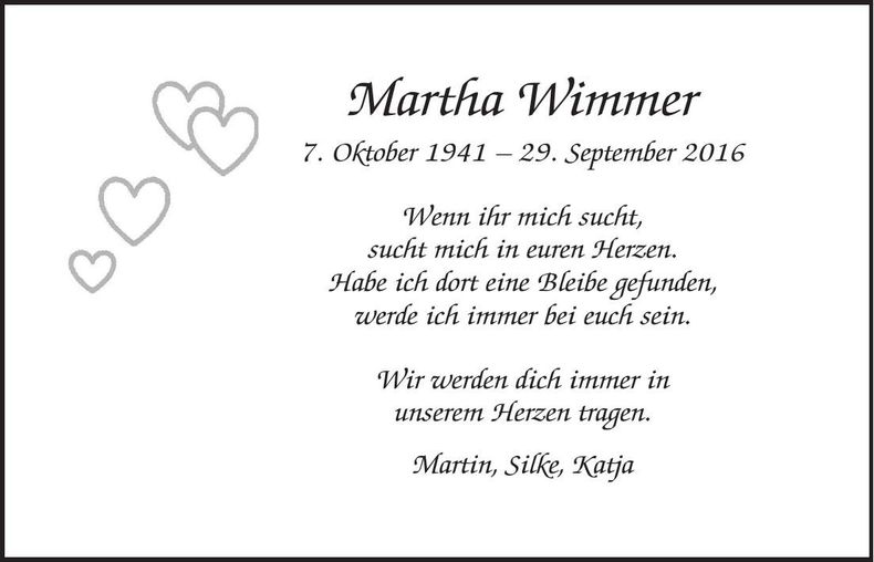 Traueranzeige Martha Wimmer
