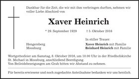 Traueranzeige Xaver Heinrich