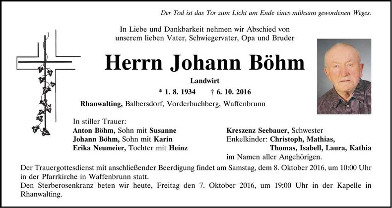 Traueranzeige Johann Böhm