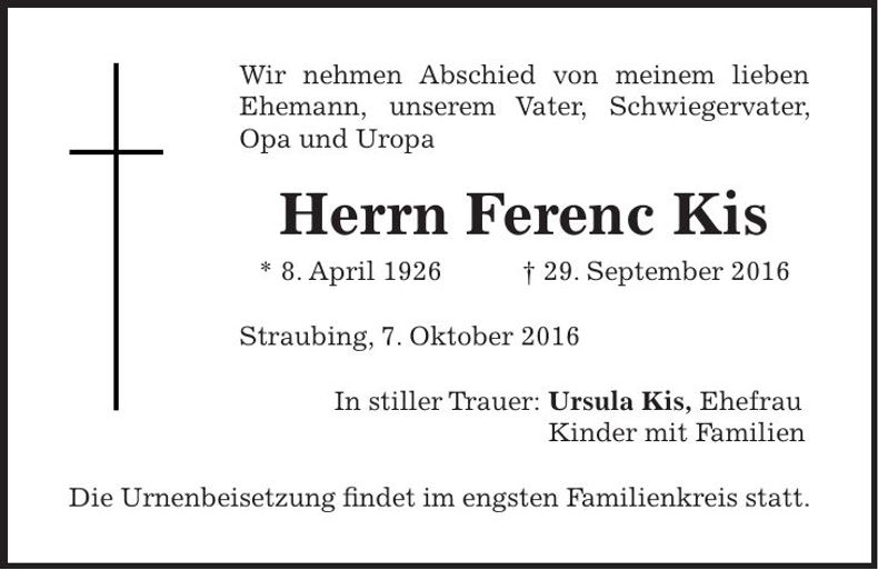 Traueranzeige Ferenc Kis
