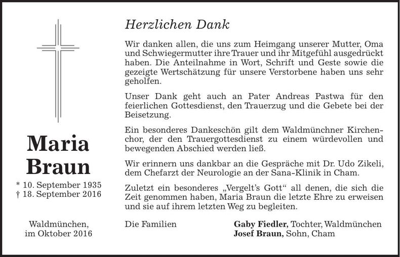 Traueranzeige Maria Braun