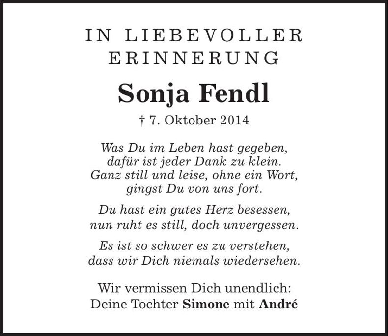 Traueranzeige Sonja Fendl