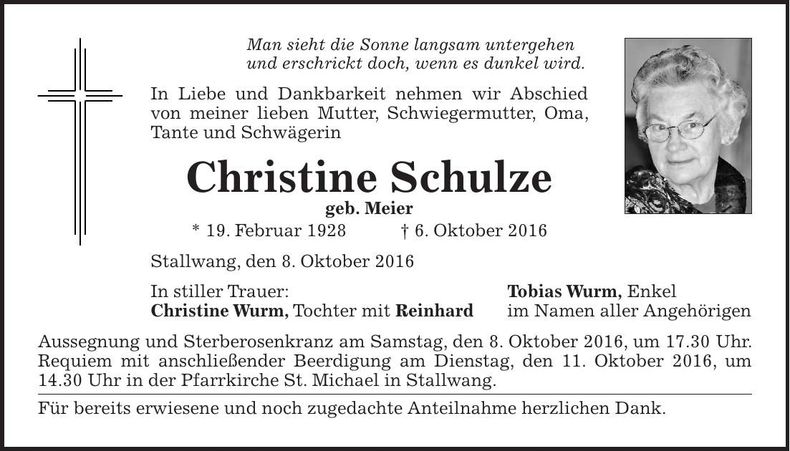 Traueranzeige Christine Schulze