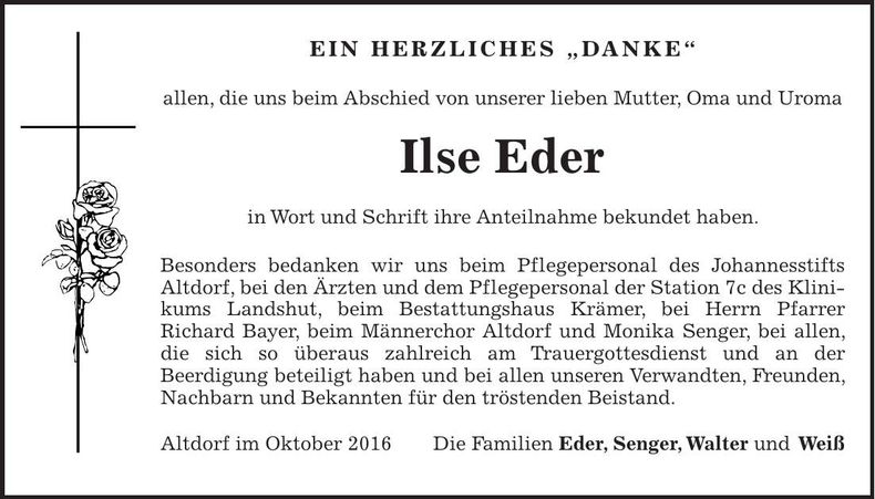 Traueranzeige Ilse Eder