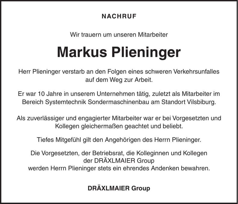 Traueranzeige Markus Plieninger