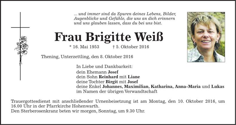 Traueranzeige Brigitte Weiß