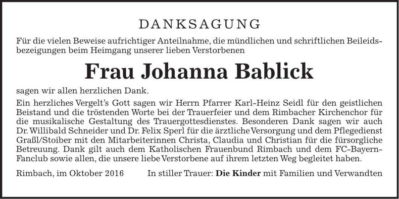 Traueranzeige Johanna Bablick
