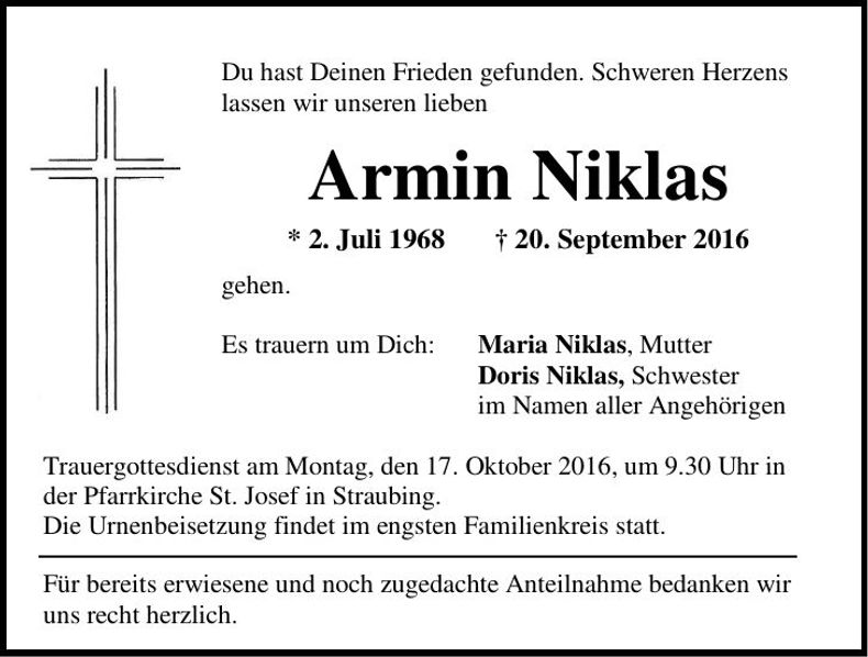 Traueranzeige Armin Niklas